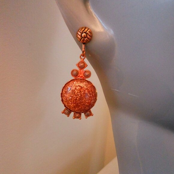 Victorian Style Vintage Faux Goldstone Copper Necklace Screw-back Earring Set - Picture 6 of 8